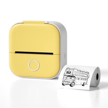 Yellow and white portable mini label printer by Hangzhou Jingqian printing a bus illustration