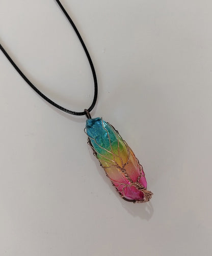 Rainbow stone jewelry for wellness pendant necklace with multicolor stone wrapped in wire on black cord