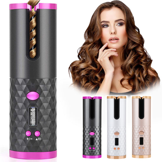 Rechargeable automatic hair curler with LCD display and three color options featuring a woman with styled curly hair