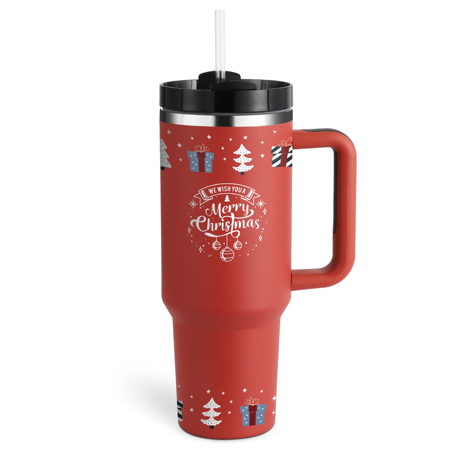 Red 40 oz insulated tumbler with handle featuring Christmas design and lid with straw