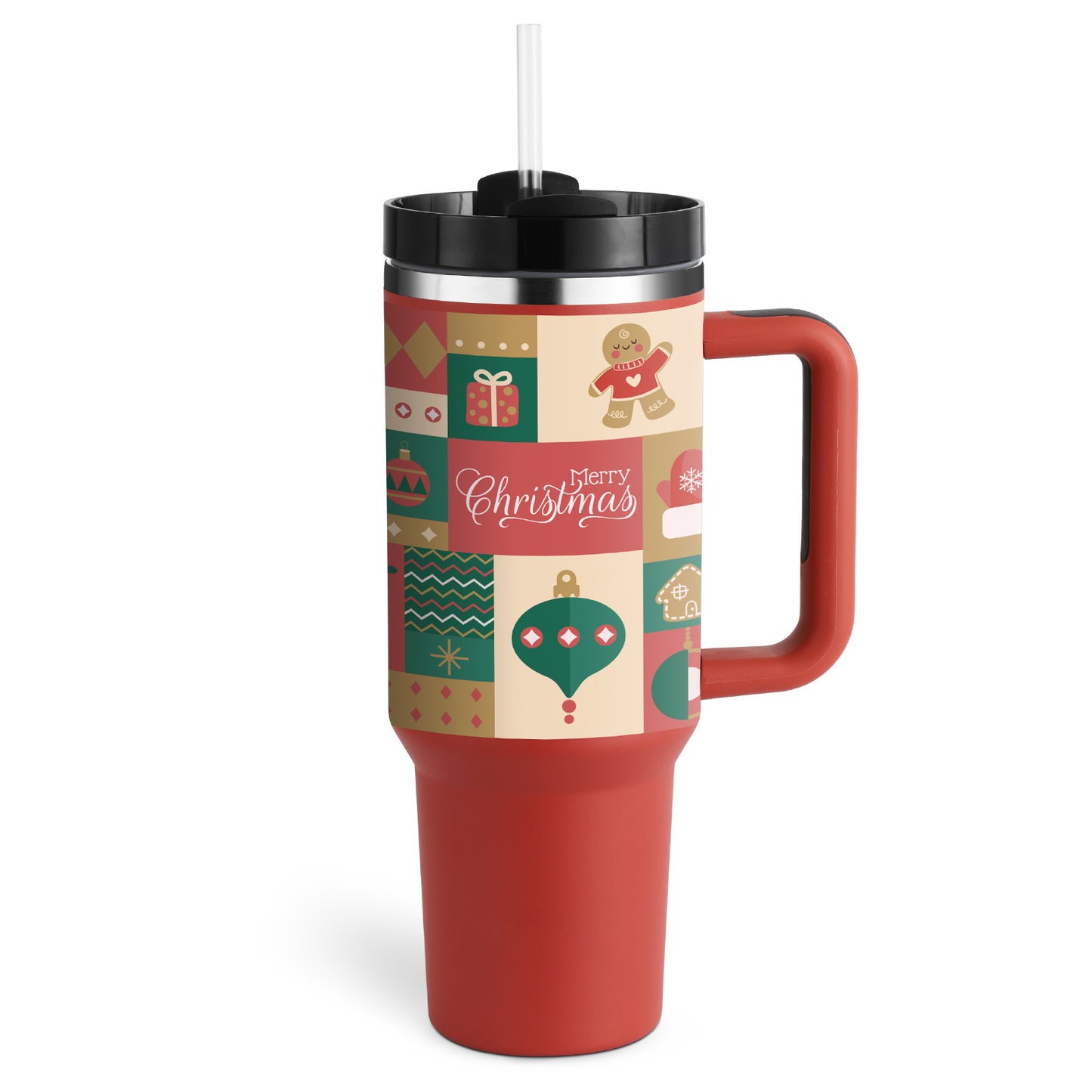 40 oz insulated tumbler with handle featuring Christmas-themed design and black lid with straw