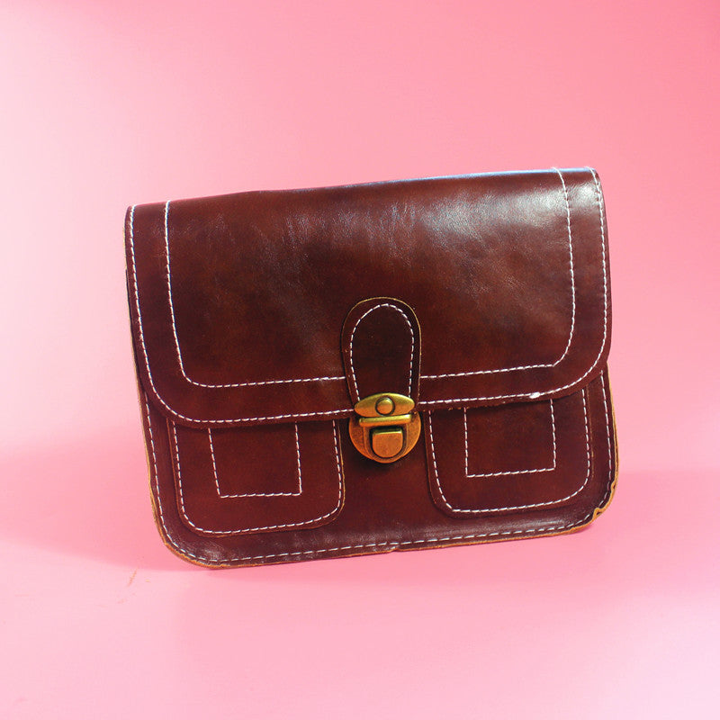 Box of Pandora retro buckle shoulder bag in brown leather with white stitching detail