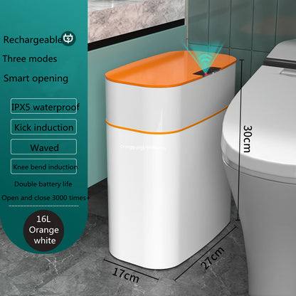 Yiwu Renfan smart trash bin for bathroom with orange lid and white body, 16L capacity, and smart opening modes