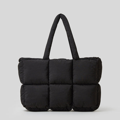 Stylish black soft cotton down handbag with a puffy design and sturdy handles