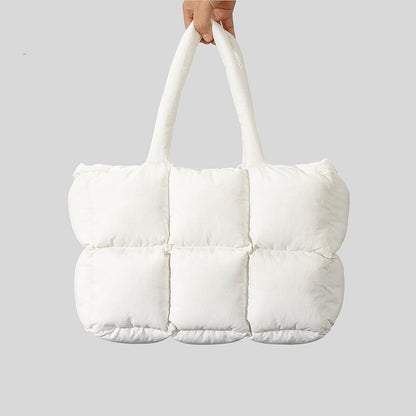 Soft cotton down handbag in white, featuring a plush and puffy design for stylish comfort