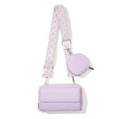 Lilac stylish phone bag for women with adjustable patterned strap and small round coin pouch