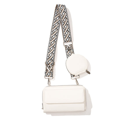 White stylish phone bag for women with patterned adjustable strap and small round coin pouch