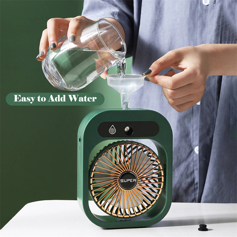Green Hangzhou Jingqian portable misting air conditioning fan with funnel being filled USB rechargeable desk fan