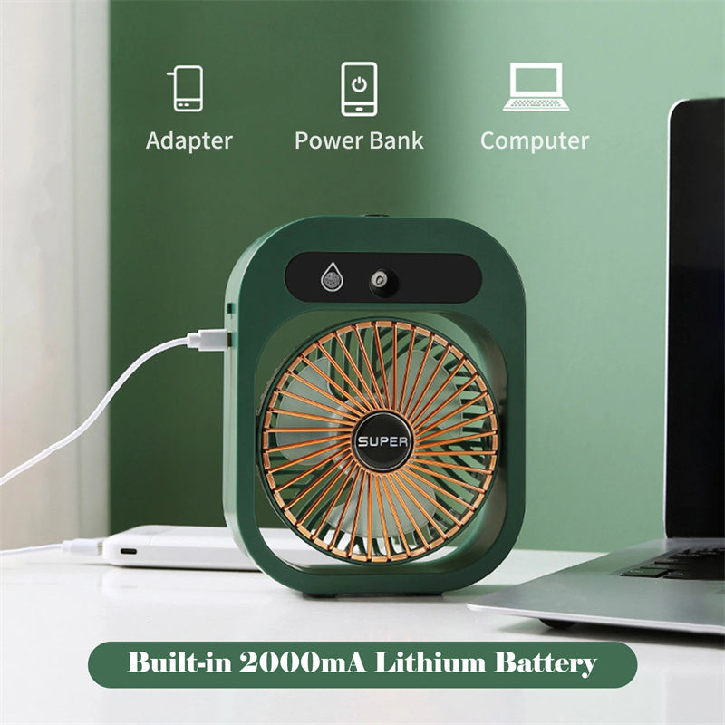 Hangzhou Jingqian USB rechargeable desk fan in green with misting function and built in 2000mA battery