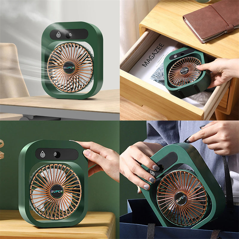Hangzhou Jingqian green portable misting desk fan with carry handle and touch controls USB rechargeable desk fan