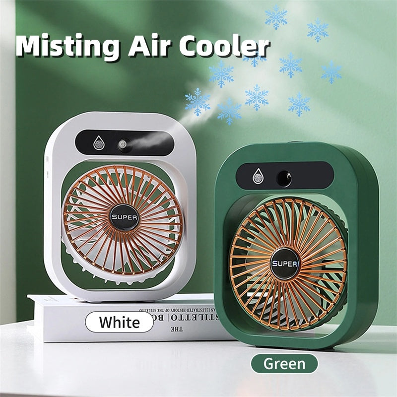 Misting air cooler in white and green compact unit with mist function USB rechargeable desk fan for home office