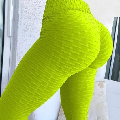 Bright green textured leggings for women gym, designed for comfort and style without pockets