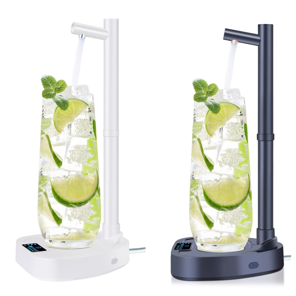 White and black desktop rechargeable touch control water dispenser with a glass of lime water