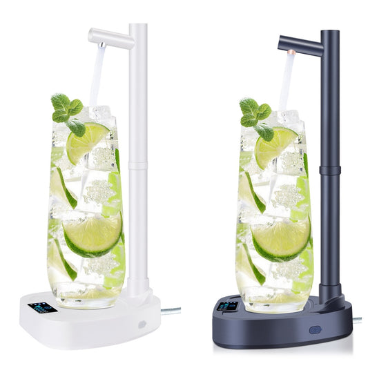 White and black desktop rechargeable touch control water dispenser with a glass of lime water