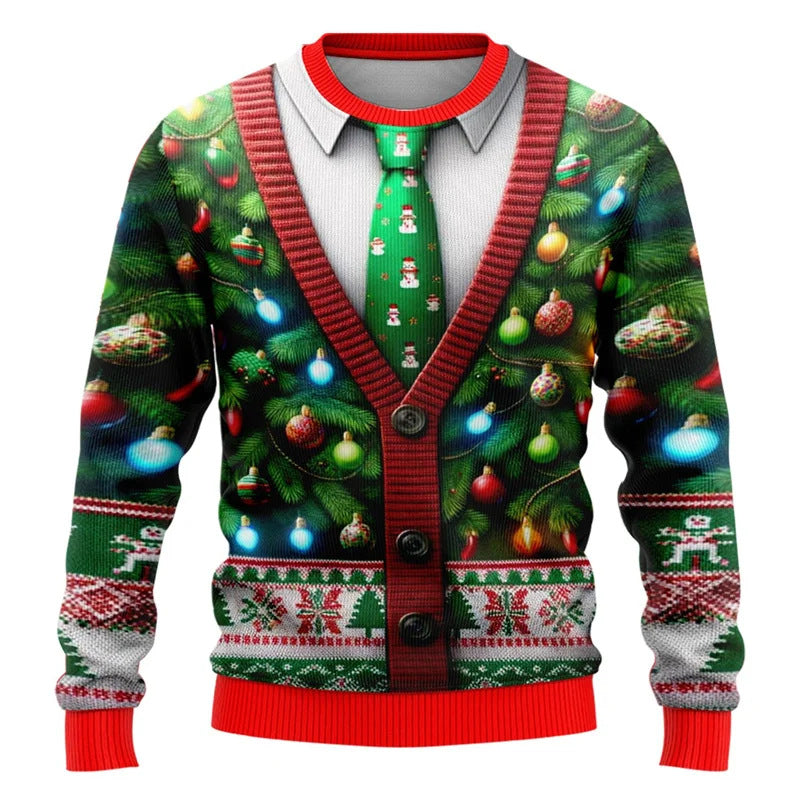 Festive 2025 ugly Christmas sweater featuring a Christmas tree design with ornaments and a tie