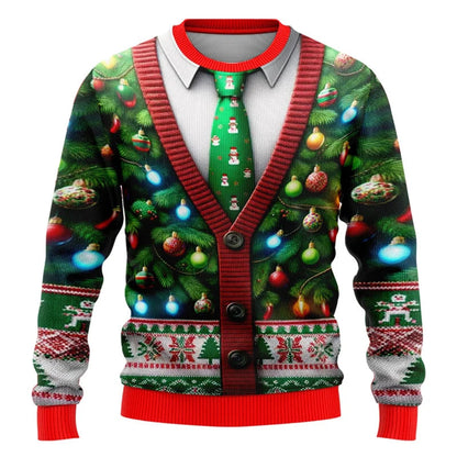 Festive 2025 ugly Christmas sweater featuring a Christmas tree design with ornaments and a tie
