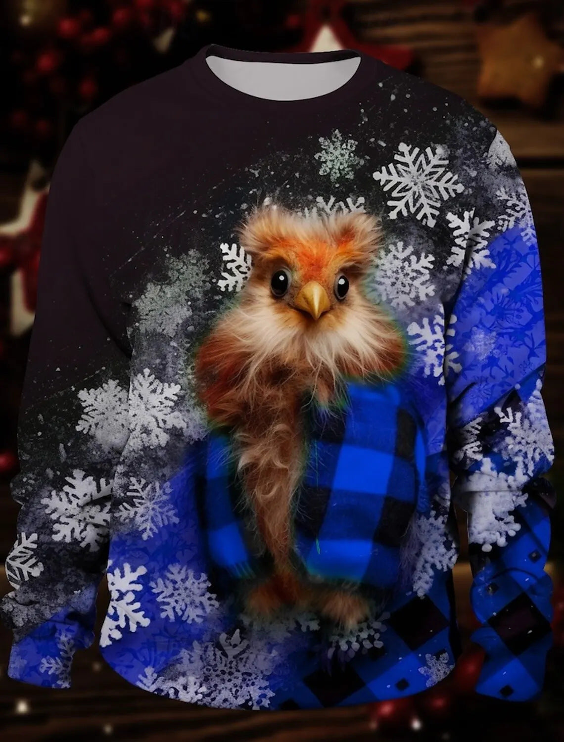 2025 ugly Christmas sweater featuring a cute bird with a blue plaid pattern and snowflakes
