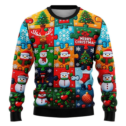 Colorful 2025 ugly Christmas sweater featuring festive designs like snowmen and Christmas trees