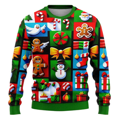Colorful 2025 ugly Christmas sweater featuring festive patterns of candy canes, snowmen, and ornaments
