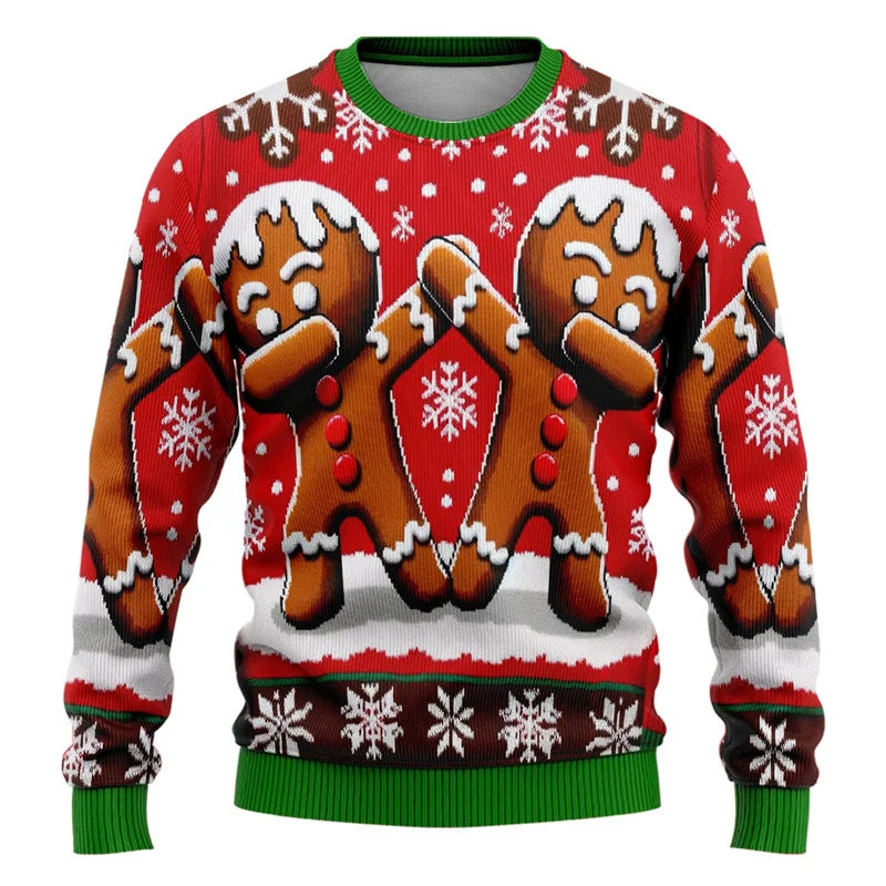 2025 ugly Christmas sweater featuring fun gingerbread men and holiday snowflakes in vibrant colors