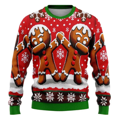 2025 ugly Christmas sweater featuring fun gingerbread men and holiday snowflakes in vibrant colors