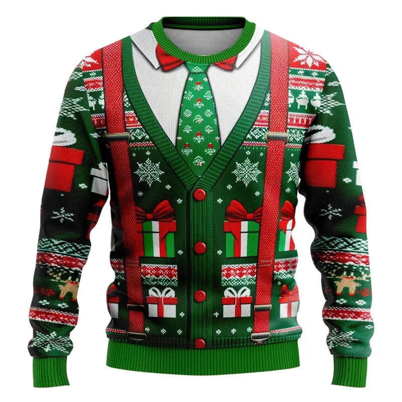 2025 ugly Christmas sweater featuring festive designs with gifts, snowflakes, and holiday colors