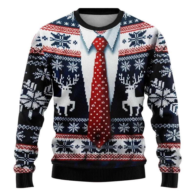 2025 ugly Christmas sweater featuring a festive design with reindeer and a tie pattern