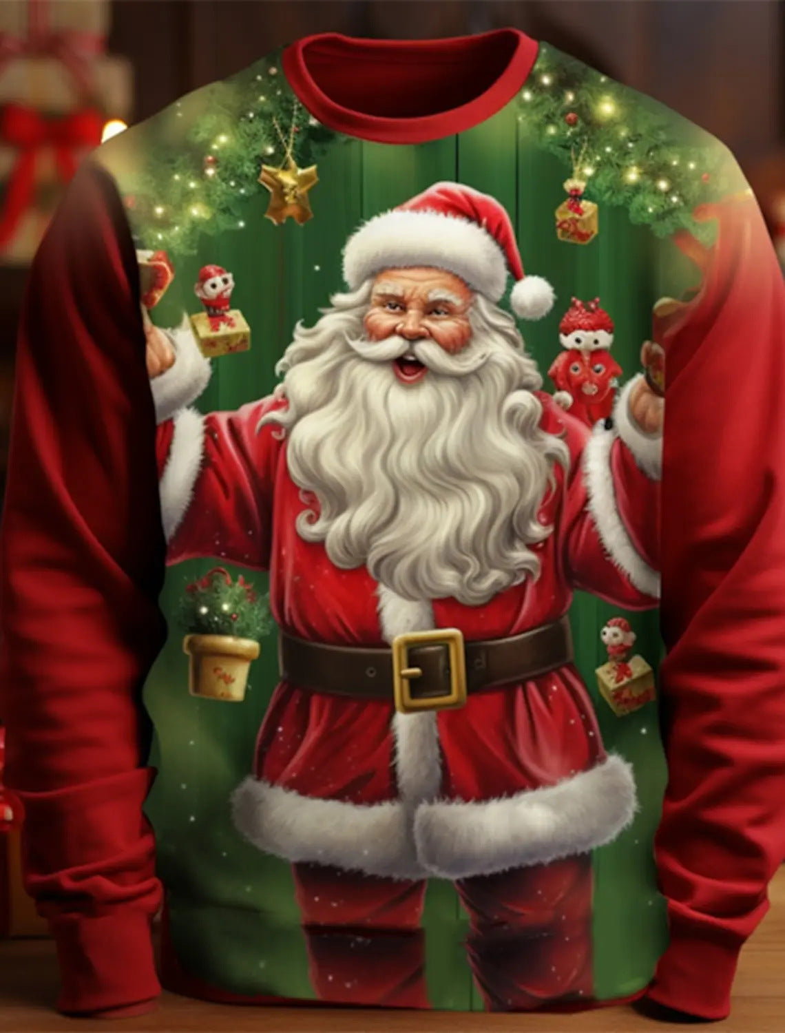 2025 ugly Christmas sweater featuring a jolly Santa surrounded by festive decorations