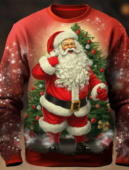2025 ugly Christmas sweater featuring a jolly Santa in front of a decorated Christmas tree