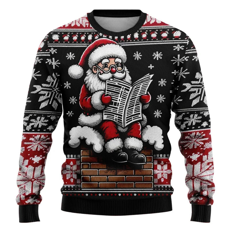 2025 ugly Christmas sweater featuring Santa reading a newspaper on a chimney with festive designs