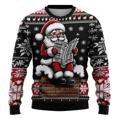 2025 ugly Christmas sweater featuring Santa reading a newspaper on a chimney with festive designs