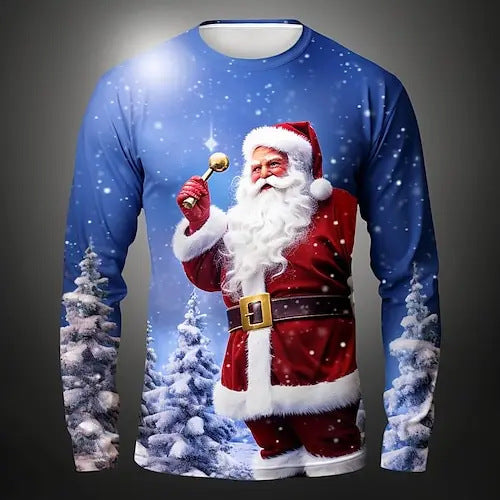 2025 ugly Christmas sweater featuring a jolly Santa Claus against a snowy background