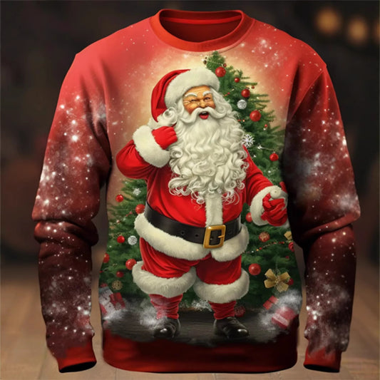 2025 ugly Christmas sweater featuring a cheerful Santa Claus in front of a decorated Christmas tree