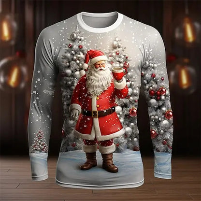 2025 ugly Christmas sweater featuring Santa holding a drink in a festive winter scene