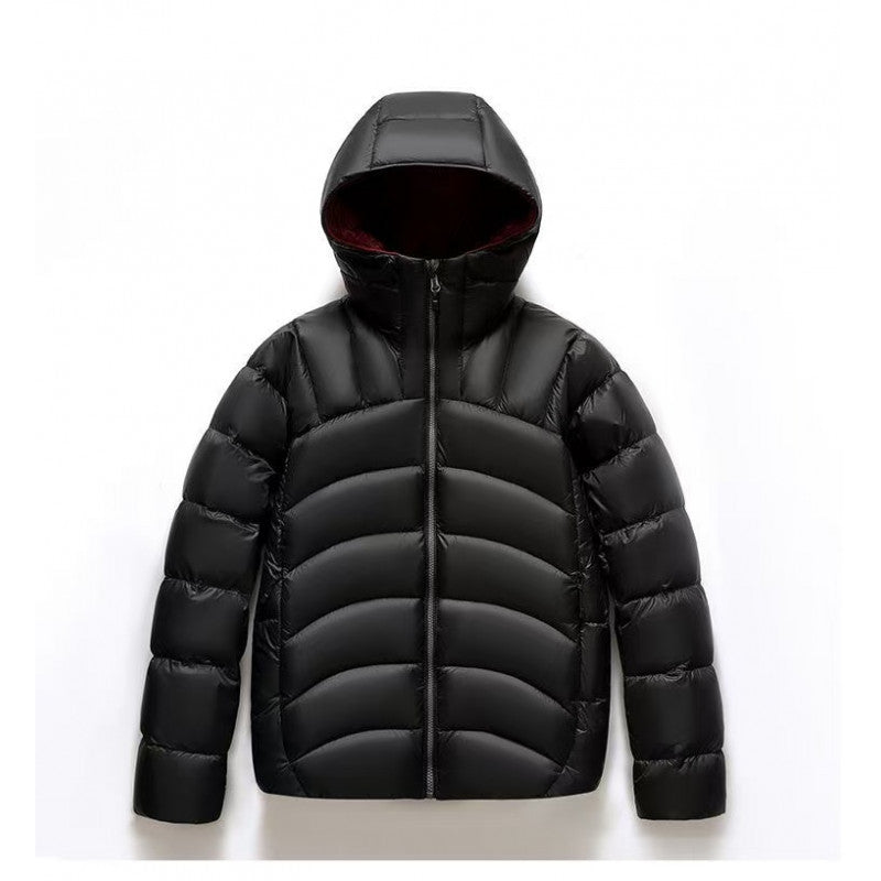 Stylish unisex hooded down jacket in black with a sleek design and warm insulation