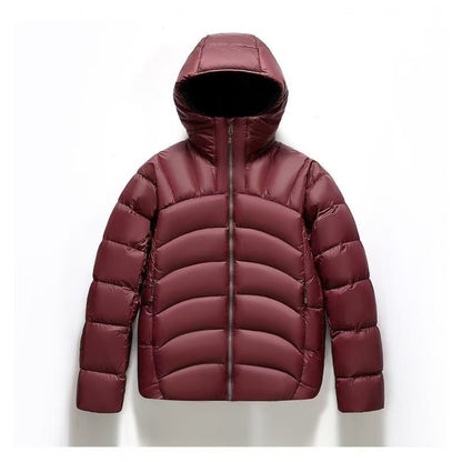 Burgundy unisex hooded down jacket with a sleek design and padded insulation for warmth