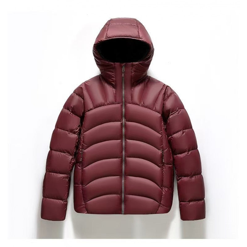 One Store Unisex Hooded Down Jacket in Maroon with Lightweight Warmth and Stylish Design