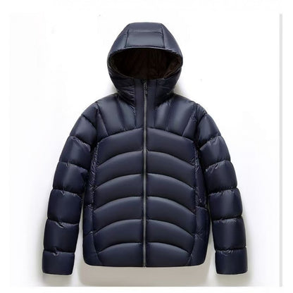 Stylish unisex hooded down jacket in navy blue with a quilted design for warmth and comfort
