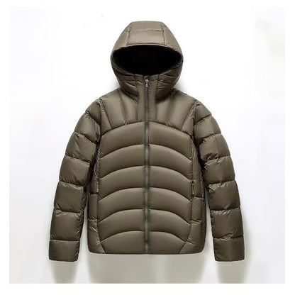 One Store unisex hooded down jacket in olive green with a sleek and modern design