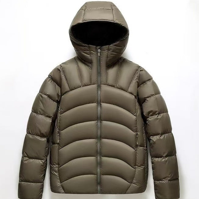 Stylish unisex hooded down jacket in olive green with a zip closure for warmth and comfort