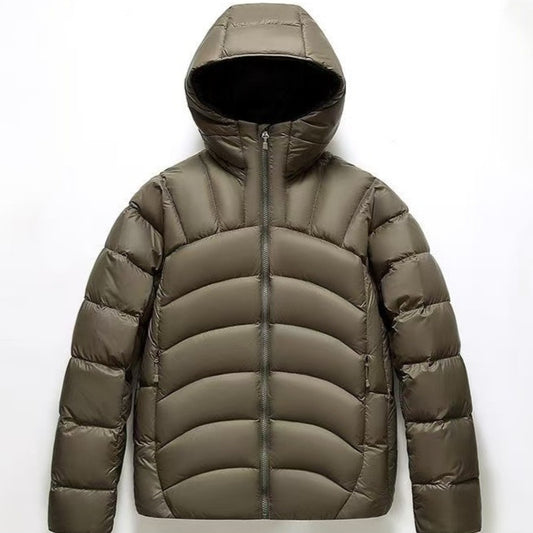 Stylish unisex hooded down jacket in olive green with a zip closure for warmth and comfort