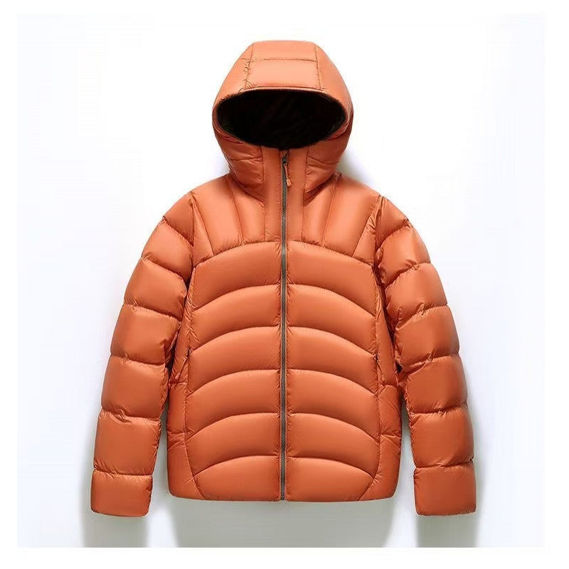 One Store unisex hooded down jacket in orange with a quilted design for warmth and comfort