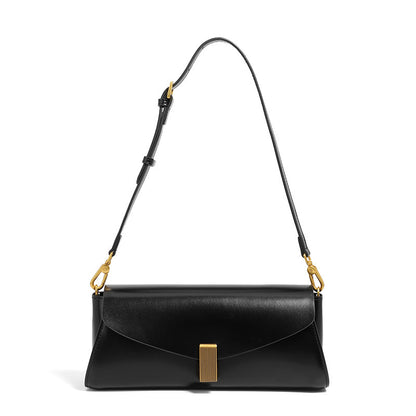 Black leather fashionable shoulder bag for women with gold-tone hardware and adjustable strap