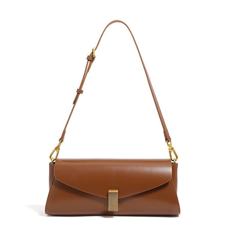 Yiwu Renfan fashionable shoulder bag for women in brown leather with gold clasp and adjustable strap
