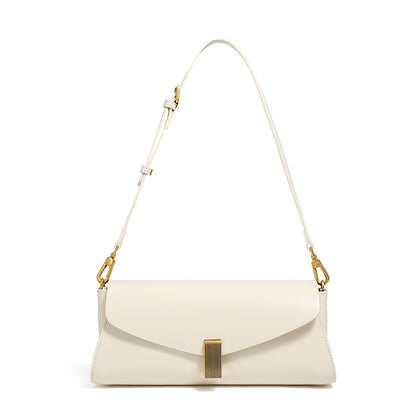 Elegant white leather fashionable shoulder bag for women with gold clasp and adjustable strap
