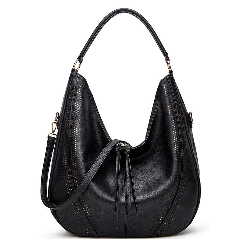 Black retro large tote shoulder bag with textured leather and adjustable strap