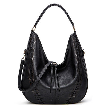 Black retro large tote shoulder bag with textured leather and adjustable strap