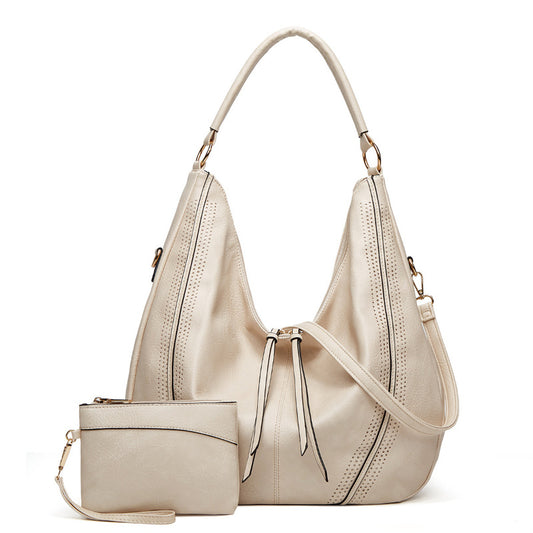 Beige retro large tote shoulder bag with detachable pouch by Hangzhou Jingqian