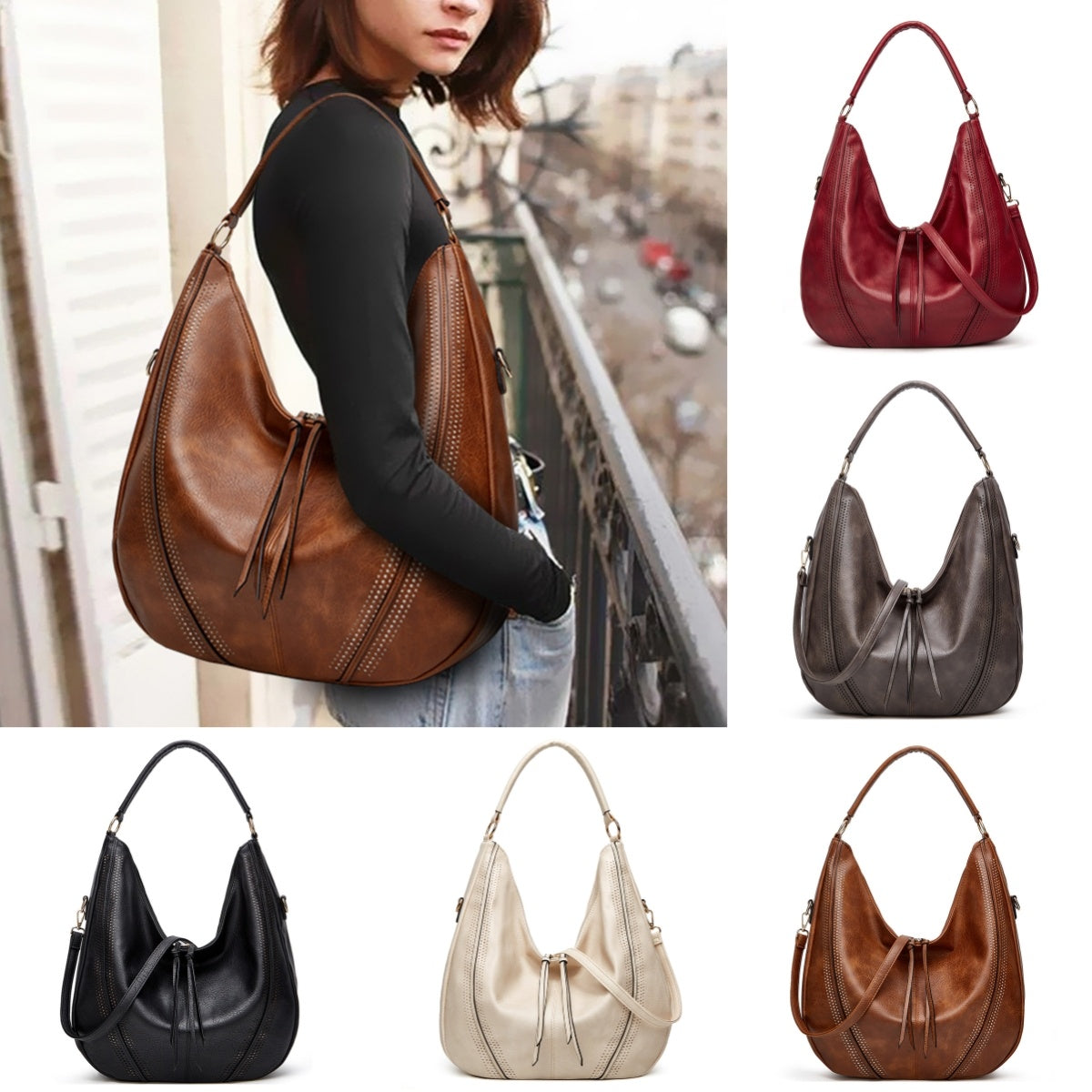 Retro large tote shoulder bag collection in multiple colors including brown, red, black, and beige with stylish design
