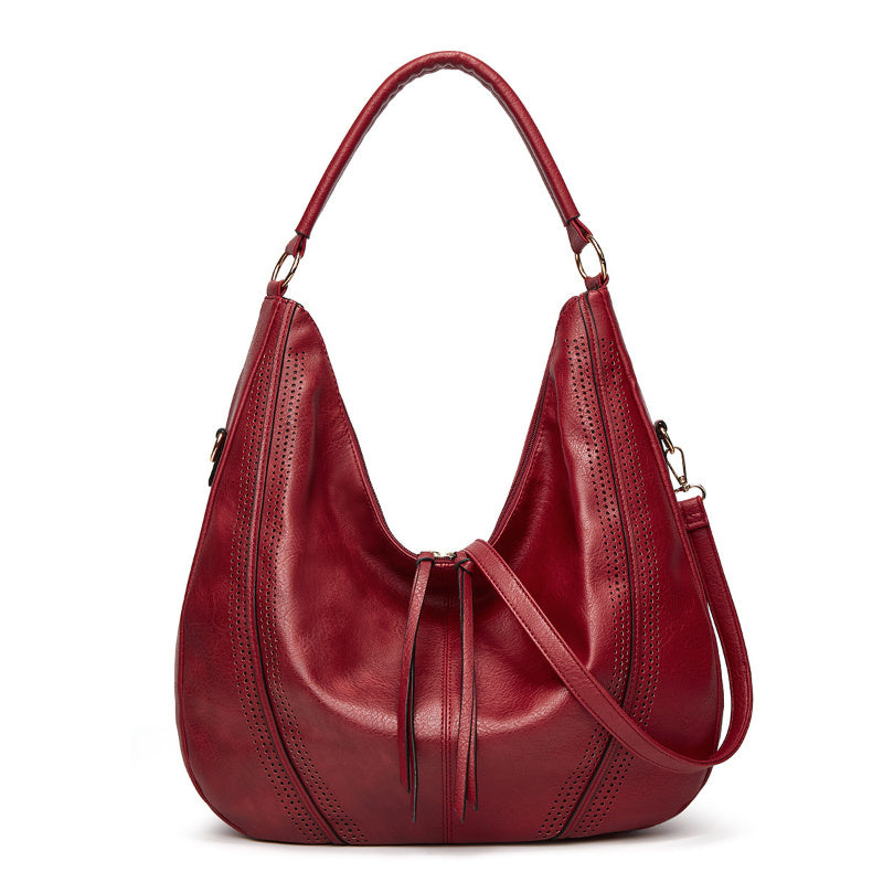 Retro large tote shoulder bag in deep red leather with spacious design and adjustable strap